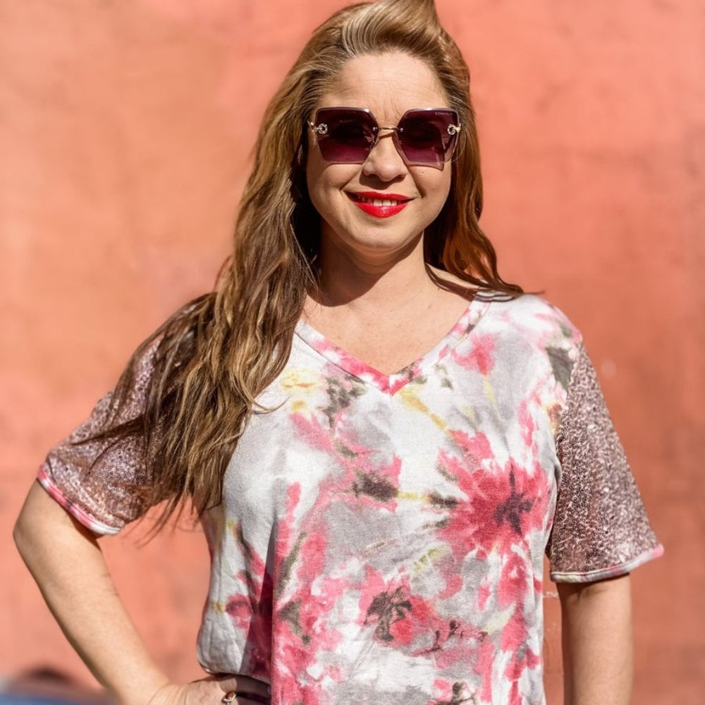 Rose Gold Sequin Red Tie Dye Top